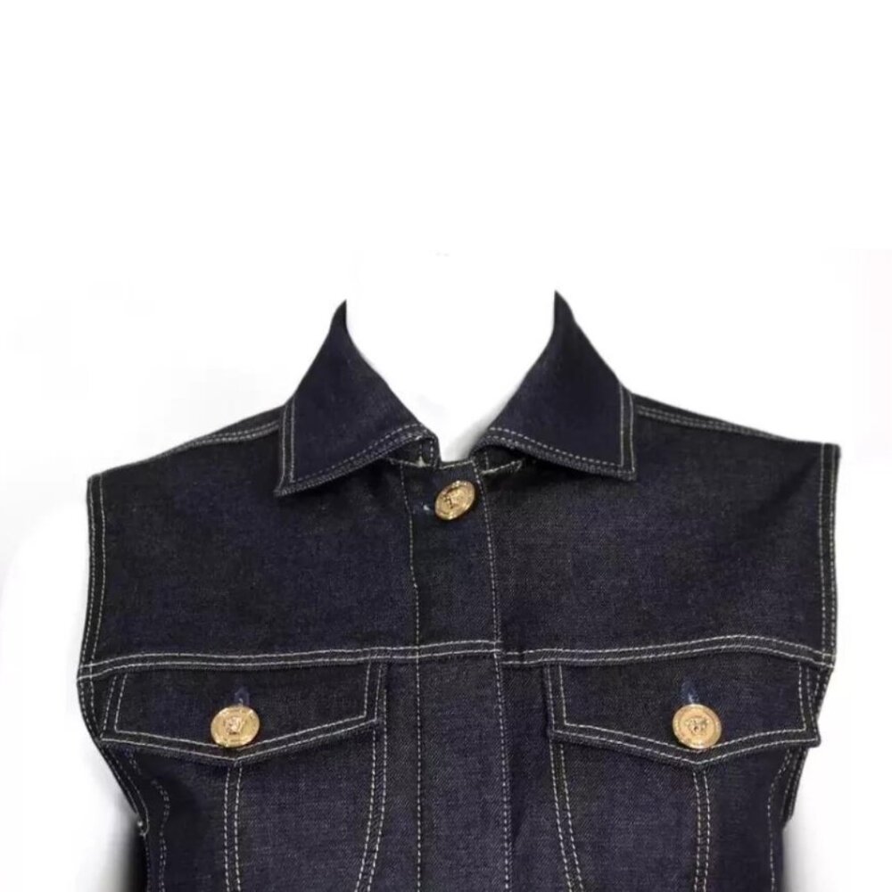 NWT VERSACE Tribute Blue Dark Wash Denim Gold Medusa Button Cropped Vest - Picture 3 of 11
